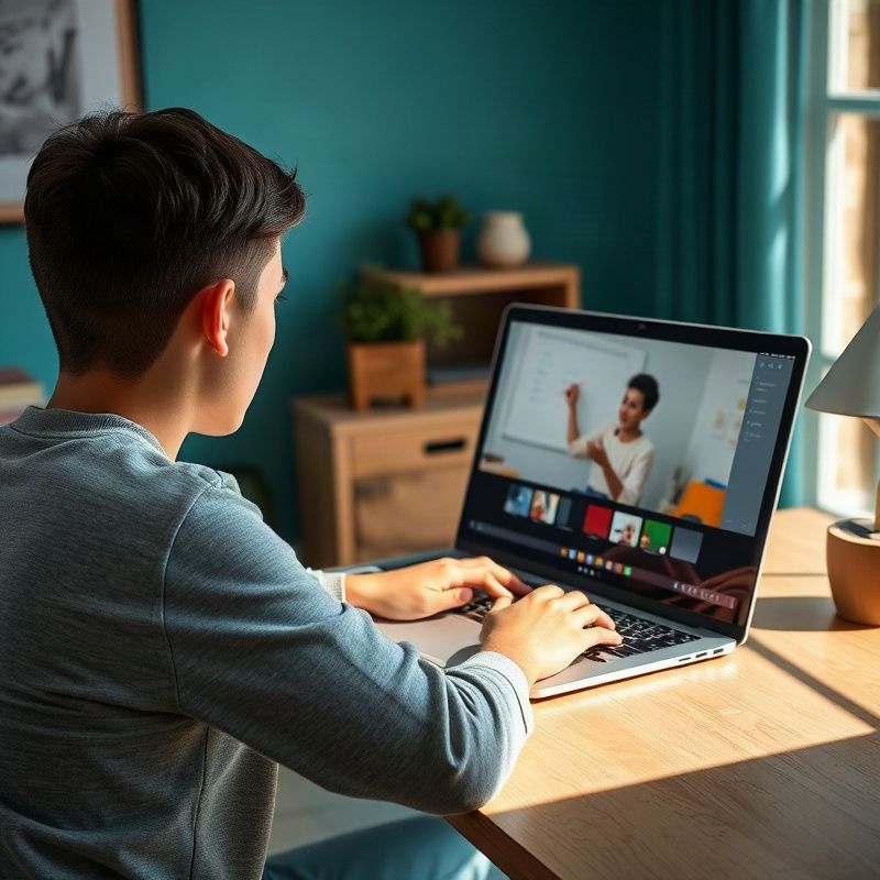 Učenik na laptopu prati online sat s tutorom na digitalnoj ploči